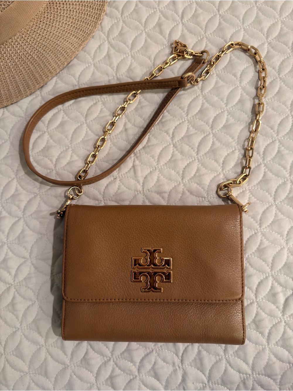 Tory Burch Brown Leather Logo Chain Crossbody